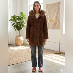 🔴 Vintage Express Boho Chocolate Brown Velvet Hooded Parka Jacket Faux Fur